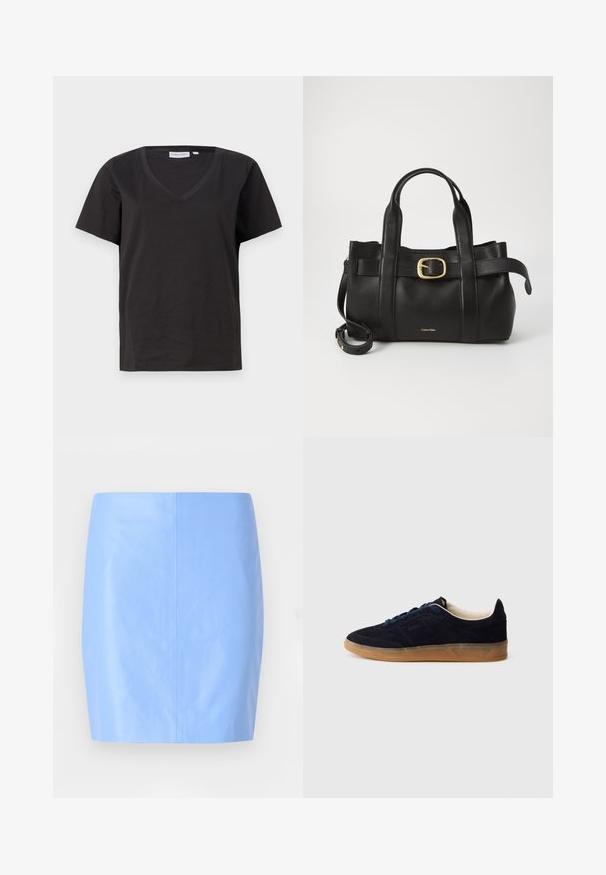 T-shirt in cotone nero con scollo a V e maniche corte. Design semplice con vestibilità regolare, senza motivi o dettagli.; Mini gonna blu brillante in materiale liscio e lucido, con una forma semplice e aderente, senza motivi visibili o decorazioni.; Sneaker in camoscio blu navy con suola in gomma color gomma, lacci blu e design minimalista. Presenta logo in rilievo sul lato e fodera interna liscia.; Borsa a mano in pelle nera con un design strutturato, doppie maniglie superiori, accentuazione in metallo dorato e logo del marchio in rilievo sul davanti.