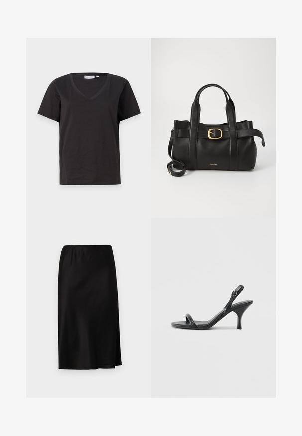 Svart bomull T-shirt med V-urringning och korta ärmar. Enkelt design med en vanlig passform och inga mönster eller accenter.; Svart satin kjol med elastisk midja, med en sidoklyfta för enkel rörelse och en slät, glänsande yta.; Svarta läder högklackade sandaler med en smal, böjd klack och ett korsat remdesign. Justerbar ankelrem. Slät textur.; Svart läderhandväska med en strukturerad design, dubbla topphandtag, detaljer i guldton med spänne och präglad logotyp framtill.