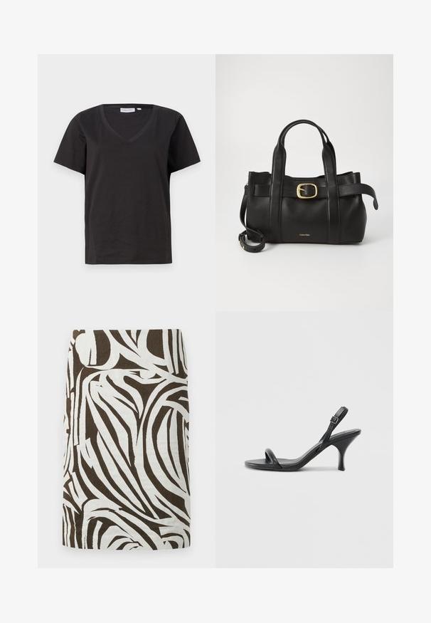 Černé bavlněné tričko s výstřihem do V a krátkým rukávem. Jednoduchý design s klasickým střihem bez vzorů nebo akcentů.; Hnědá a bílá tužková sukně s abstraktním zebra-like vzorem, délka ke kolenům a rovný střih.; Černé kožené sandály na vysokém podpatku s úzkým, zakřiveným podpatkem a designem s překříženými popruhy. Nastavitelný pásek kolem kotníku. Hladký povrch.; Černá kožená kabelka s upraveným designem, dvojitými vrchními madly, pozlaceným přezkovým akcentem a vyraženým logem značky na přední straně.