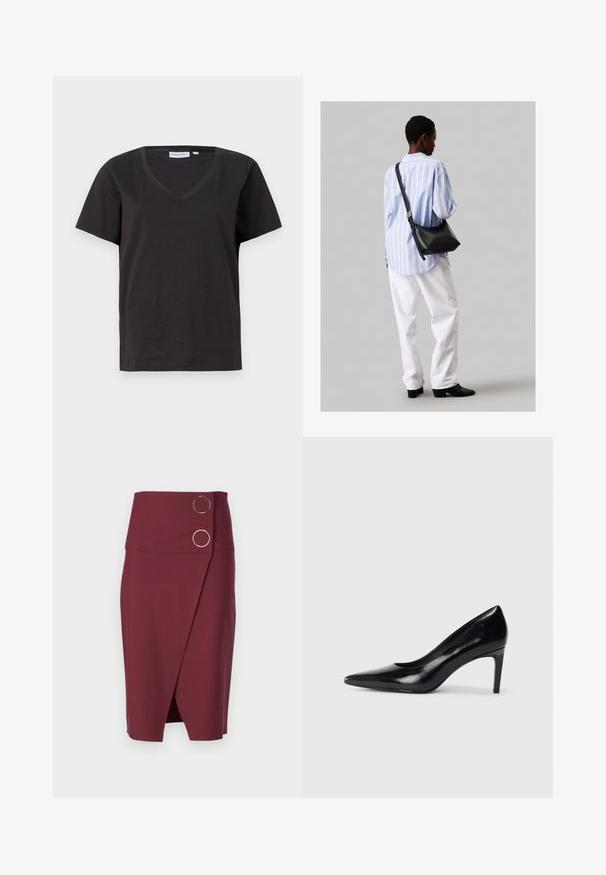 Musta puuvillainen T-paita, jossa on V-kaula-aukko ja lyhyet hihat. Yksinkertainen muotoilu, säännöllinen istuvuus ilman kuvioita tai koristeita.; Burgundy-hame, jossa on korkea vyötärö, kietoutumismalli ja kaksi pyöreää metallista nappia edessä. Sileä rakenne.; Mustat nahkakengät korkealla korolla, terävä kärki, sileä pinta ja kapeneva korko. Minimalistinen muotoilu, ei ylimääräisiä koristeita.; Musta nahkainen olkalaukku, jossa on pehmeä rakenne, kolmion muoto ja säädettävä hihna, yhdistettynä vaaleansiniseen raidalliseen paitaan ja valkoisiin housuihin.