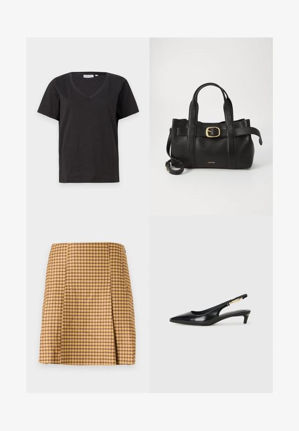 Čierne bavlnené tričko s výstrihom do V a krátkymi rukávmi. Jednoduchý dizajn s bežným strihom a bez vzorov alebo akcentov.; Žltá a fialová károvaná sukňa so spodným strihom, s jemným záhybom vpredu a hladkým textúrovaným materiálom.; Čierne kožené slingback opätky s špicatou špičkou, s úzkym opätkom a zlatým detailom na nastaviteľnom remienku. Hladká textúra.; Čierna kožená kabelka s štruktúrovaným dizajnom, dvojitými hornými uchopiteľmi, zlatým prackovým akcentom a embosovaným logom značky na prednej strane.