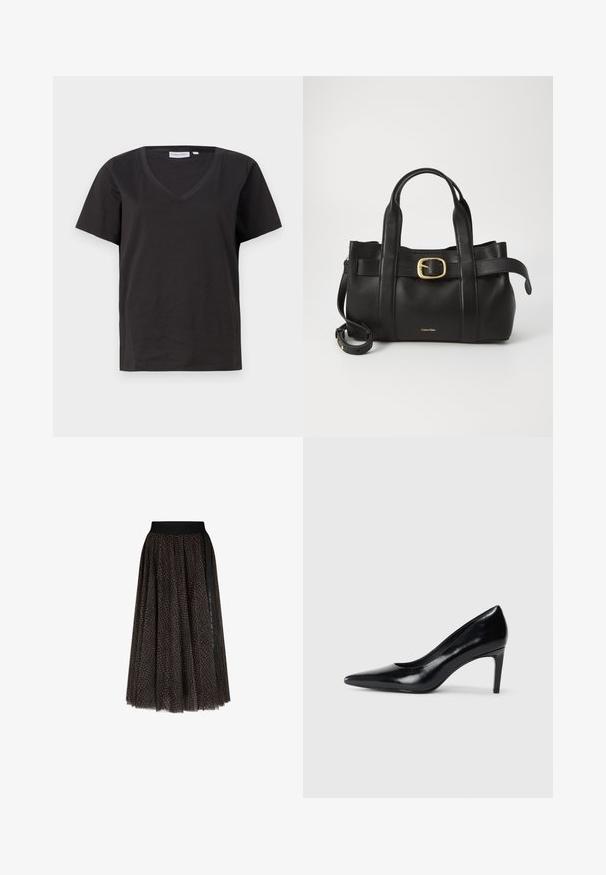Sort bomulds T-shirt med V-hals og korte ærmer. Enkel design med regular fit og ingen mønstre eller accenter.; Brun og sort mønstret midi nederdel med en sort elastisk talje og vertikal sort stribe detalje på den ene side.; Sort læder højhælede sko med spids tå, glat tekstur og en taperet hæl. Minimalistisk design uden yderligere udsmykninger.; Sort læderhåndtaske med et struktureret design, dobbelte toppegreb, guldtonet spændeaccents og præget logo på forsiden.