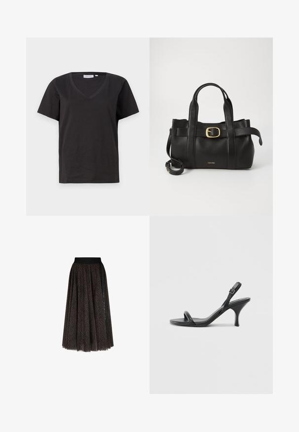 T-shirt en coton noir avec un col en V et des manches courtes. Design simple avec une coupe régulière et sans motifs ni accents.; Jupe midi à motifs marron et noir avec une taille élastique noire et un détail de rayure verticale noire sur un côté.; Sandales à talons hauts en cuir noir avec un talon fin et courbé et un design de brides croisées. Bride de cheville réglable. Texture lisse.; Sac à main en cuir noir présentant un design structuré, deux poignées supérieures, un accent de boucle en ton doré et un logo de la marque en relief à l'avant.