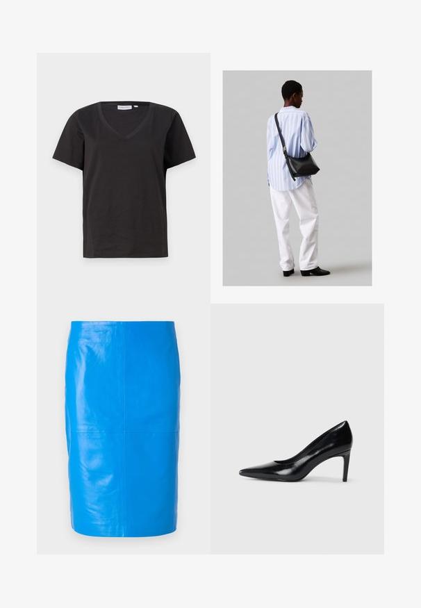 Must musta T-särk V-kaelusega ja lühikeste varrukatega. Lihtne disain, regulaarne istuvus, ilma mustrite ja aktsentideta.; 2nd Day JAYAN - Nahkseelik - skydiver; Mustmust musta kõrge kontsaga king, millel on terav varvas, sile tekstuur ja kitsenev konts. Minimalistlik disain, ilma täiendavate kaunistusteta.; Must have mustras alasi nahkpatsi, pehme tekstuuriga, kolmnurkse kujuga ja reguleeritava rihmaga, koos helesinise triibulise särgi ja valgete pükstega.