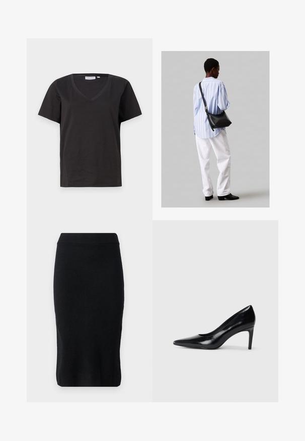 Černé bavlněné tričko s výstřihem do V a krátkým rukávem. Jednoduchý design s klasickým střihem bez vzorů nebo akcentů.; pure cashmere STRAIGHT MIDI SKIRT - Pouzdrová sukně - black; Černé kožené boty na vysokém podpatku s špičatou špičkou, hladkým povrchem a zúženým podpatkem. Minimalistický design, bez dalších ozdob.; Černá kožená kabelka přes rameno s jemnou texturou, trojúhelníkovým tvarem a nastavitelným popruhem, v kombinaci se světle modrou pruhovanou košilí a bílými kalhotami.