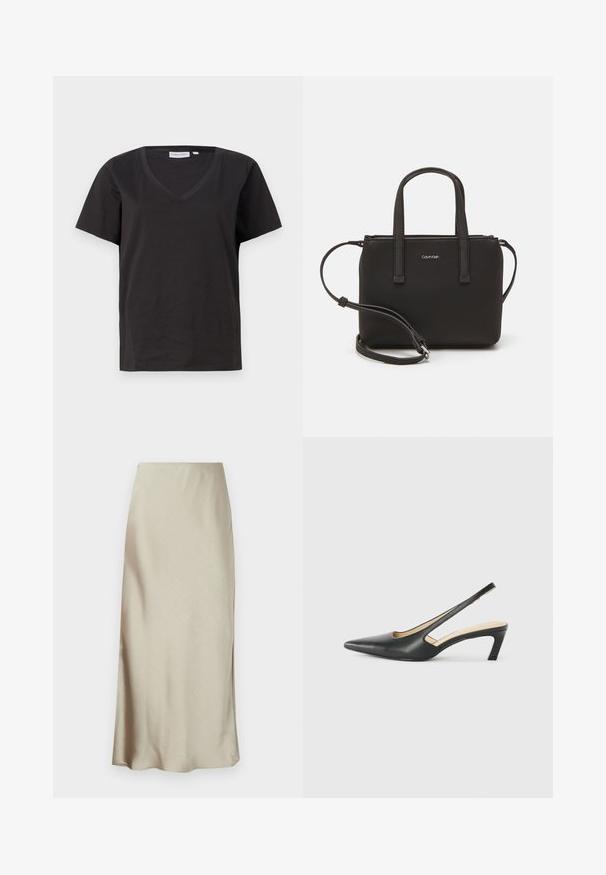 Čierne bavlnené tričko s výstrihom do V a krátkymi rukávmi. Jednoduchý dizajn s bežným strihom a bez vzorov alebo akcentov.; Dlhá sukňa vo svetlej béžovej farbe vyrobená z hladkého materiálu má jemný lesk a rozšírený spodný okraj, čo poskytuje elegantný a minimalistický dizajn.; Čierne slingback topánky s ostrou špičkou a nízkym opätkom, vyrobené z hladkej kože a s výrezmi na boku pre lepšiu priedušnosť.; Čierna kabelka s dvojitými krátkymi rúčkami a odnímateľným ramenným popruhom. Hladký materiál podobný koži s uzatváraním na zips a detailom loga.