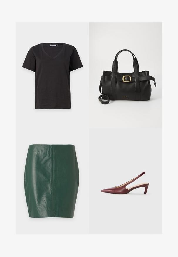 Tricou negru din bumbac cu decolteu în V și mâneci scurte. Design simplu, cu o croială normală și fără modele sau accente.; Fustă mini din piele verde, cu o textură netedă și o formă ajustată. Prezintă un design fără cusături, fără închideri sau piese metalice vizibile.; Sandale cu toc mediu, de culoare Burgundy, cu vârf ascuțit, detalii decupate pe lateral și toc bloc. Finisaj din piele netedă.; Geantă de mână din piele neagră, cu un design structurat, mânere superioare duale, accent cu cataramă aurie și logo-ul brandului embosat în față.