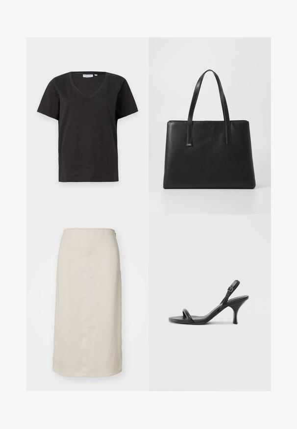 Schwarzes Baumwoll-T-Shirt mit V-Ausschnitt und kurzen Ärmeln. Einfaches Design mit normalem Schnitt und ohne Muster oder Akzente.; Beige Bleistiftrock mit glatter Textur, knielanger Schnitt und einem verdeckten Reißverschluss auf der Rückseite zur Verschluss. Minimalistischer Stil, keine Muster.; Schwarze Leder-Sandalen mit hohen Absätzen, schlankem, gebogenem Absatz und gekreuztem Riemendesign. Verstellbarer Knöchelriemen. Glatte Textur.; Schwarze Leder-Handtasche mit zwei langen Tragegriffen, rechteckiger Form, strukturiertem Oberflächen und minimalistischem Design. Keine sichtbaren Beschläge oder Akzente.