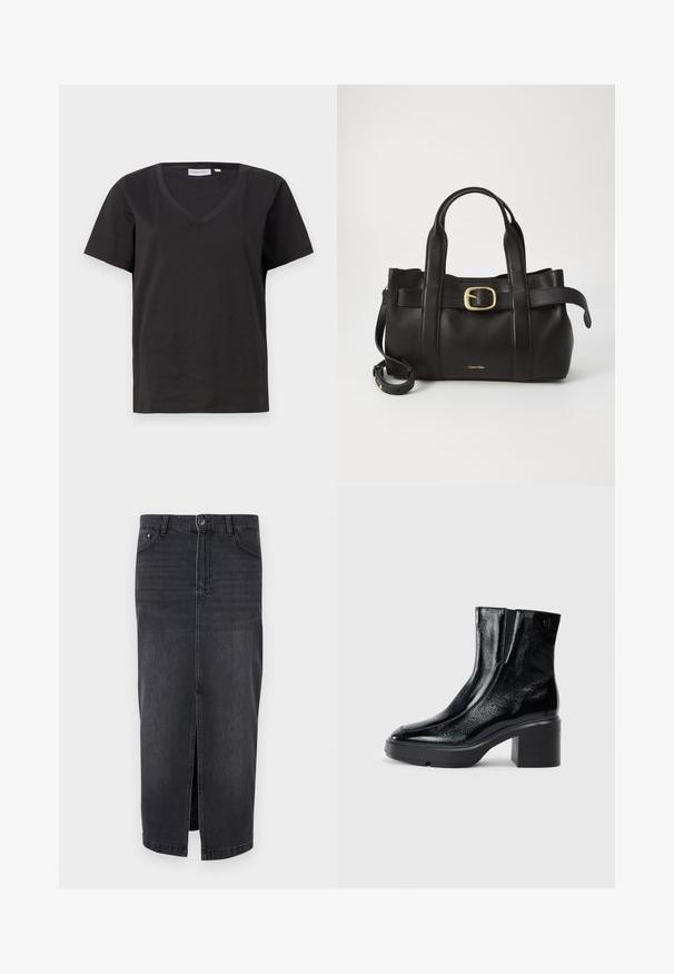 Must musta T-särk V-kaelusega ja lühikeste varrukatega. Lihtne disain, regulaarne istuvus, ilma mustrite ja aktsentideta.; DAY Birger et Mikkelsen NIKI - Teksaseelik - black; Mustmustest must paeltega särkide, millel on kõver varvas, elastsed külgpaneelid ja jäme plokkpealse. Tagaküljel on reljeefne logo.; Must mustraga nahkakott, millel on struktureeritud disain, kaks ülemist kanda, kuldse tooni pandla aktsent ja esiküljel embosseeritud brändi logo.