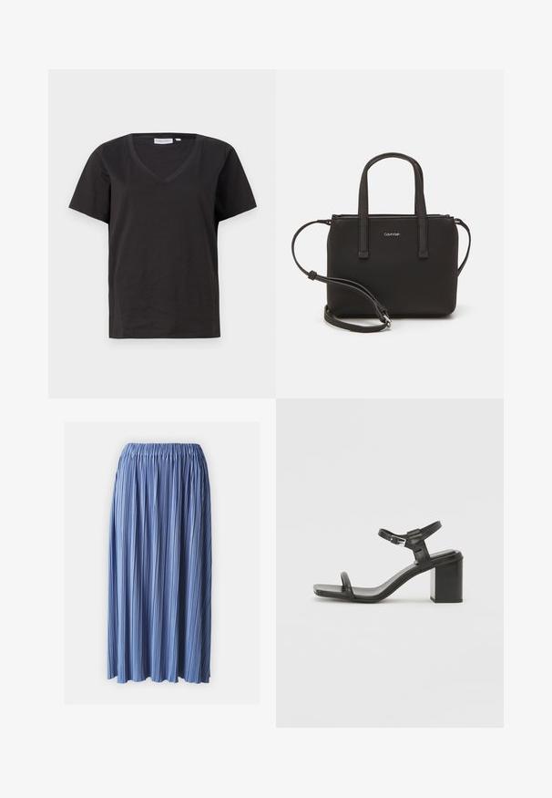 Črna bombažna majica s kratkimi rokavi in V-izrezom. Preprost dizajn z običajnim krojem in brez vzorcev ali dodatkov.; Modra plisirana krila z elastičnim pasom, izdelana iz lahkega materiala, z mehkobo in tekočim oblikovanjem.; Črne usnjene sandale z blok peto, širokim trakom čez prste in nastavljivim trakom okrog gležnja, z elegantnim, minimalističnim dizajnom.; Črna torbica z dvema kratkima ročajema in odstranljivim naramnim trakom. Gladek usnju podoben material z zadrgo in podrobnostmi z logotipom.
