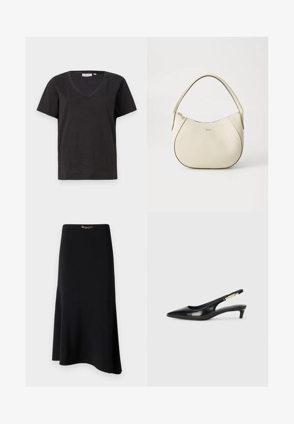 Čierne bavlnené tričko s výstrihom do V a krátkymi rukávmi. Jednoduchý dizajn s bežným strihom a bez vzorov alebo akcentov.; Čierna midi sukňa v A-líne, vyrobená z hladkej látky, s dekoratívnym zlatým reťazovým akcentom na páse.; Čierne kožené slingback opätky s špicatou špičkou, s úzkym opätkom a zlatým detailom na nastaviteľnom remienku. Hladká textúra.; Krémová kabelka s textúrovaným povrchom, zakriveným tvarom, krátkym uchom a detailom loga v zlatom tóne. Zapínanie na zips na vrchu.
