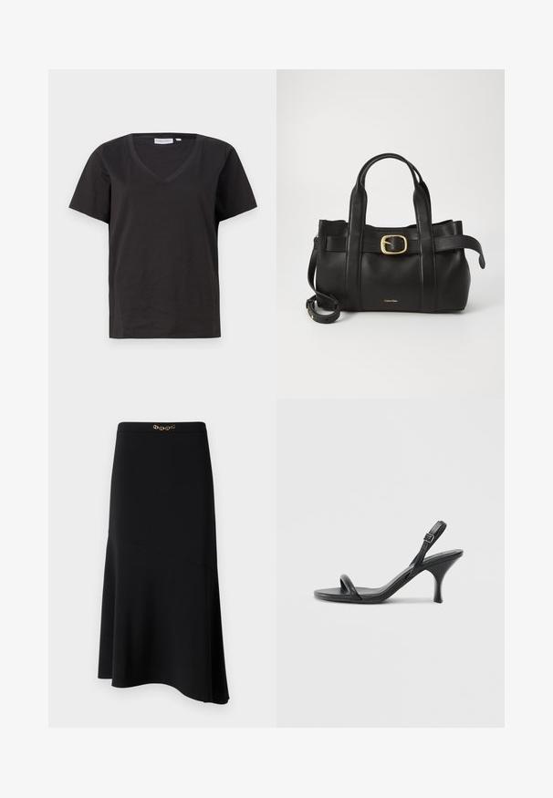 Black cotton T-shirt with a V-neck and short sleeves. Simple design with a regular fit and no patterns or accents.; Black midi skirt with an A-line shape, made from smooth fabric, featuring a decorative gold chain accent at the waistband.; Black leather high-heeled sandals with a slim, curved heel and a crossed strap design. Adjustable ankle strap. Smooth texture.; Black leather handbag featuring a structured design, dual top handles, gold-tone buckle accent, and embossed brand logo at the front.