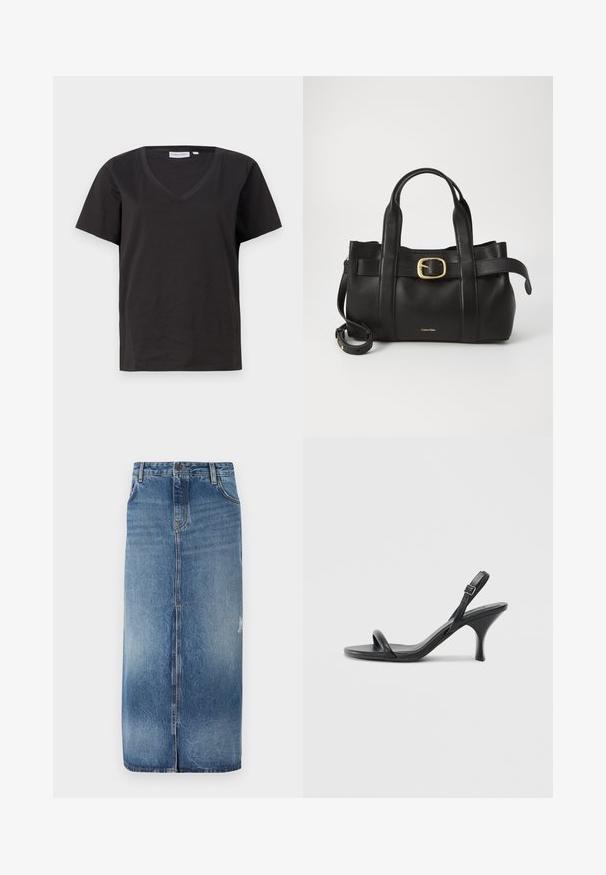 Camisa de algodón negra con cuello en V y mangas cortas. Diseño simple con un corte regular y sin patrones ni acentos.; Falda midi de mezclilla con un degradado de azul claro a oscuro, cierre frontal y sutiles detalles desgastados cerca del dobladillo. Con borde sin rematar en la parte inferior.; Sandalias de tacón alto de cuero negro con un tacón delgado y curvado y un diseño de tiras cruzadas. Correa para el tobillo ajustable. Textura suave.; Bolso de cuero negro con un diseño estructurado, doble mango superior, detalle de hebilla en tono dorado y logo de la marca grabado en la parte frontal.