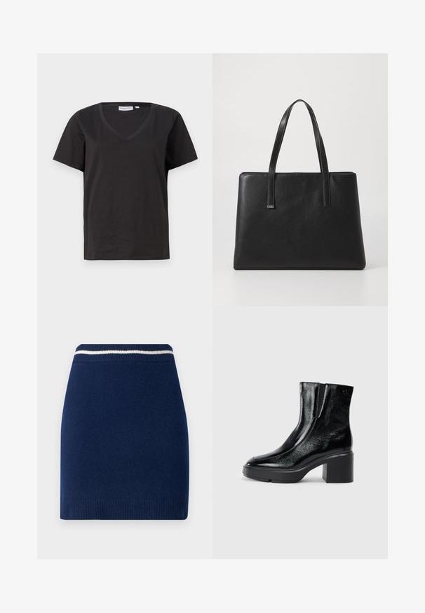 T-shirt de algodão preto com decote em V e mangas curtas. Design simples com um corte regular e sem padrões ou detalhes.; Saia de malha azul-marinho com um design ajustado, apresentando uma cintura canelada com uma faixa branca em contraste. Textura suave, comprimento acima do joelho.; Botas de tornozelo de verniz preto com ponta curva, painéis laterais elásticos e um salto quadrado robusto. Apresenta um logotipo em relevo na parte de trás.; Mala tote de couro preto com duas alças longas, forma retangular, superfície texturizada e design minimalista. Sem hardware ou acentos visíveis.