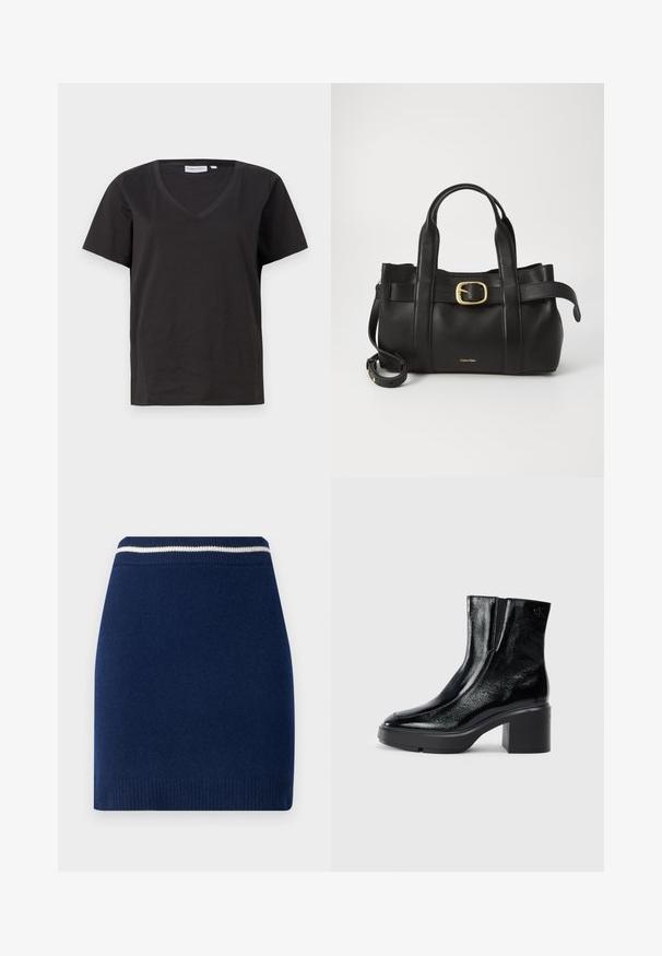 Musta puuvillainen T-paita, jossa on V-kaula-aukko ja lyhyet hihat. Yksinkertainen muotoilu, säännöllinen istuvuus ilman kuvioita tai koristeita.; Tummansininen neulottu hame, jossa on muotoiltu malli ja resorivyötärö, jossa on kontrastoiva valkoinen raita. Sujuva pinta, ylempänä polven korkeudella.; Musta patentoitu nahkasaappaat nilkkoihin, joissa on kaareva kärki, joustavat sivupaneelit ja paksu lohkoilut. Takana on kohokuvioitu logo.; Musta nahkakäsilaukku, jossa on struktuurinen muotoilu, kaksoiskahvat, kultasävyinen solkiaksentti ja kohokuvioitu brändilogo edessä.