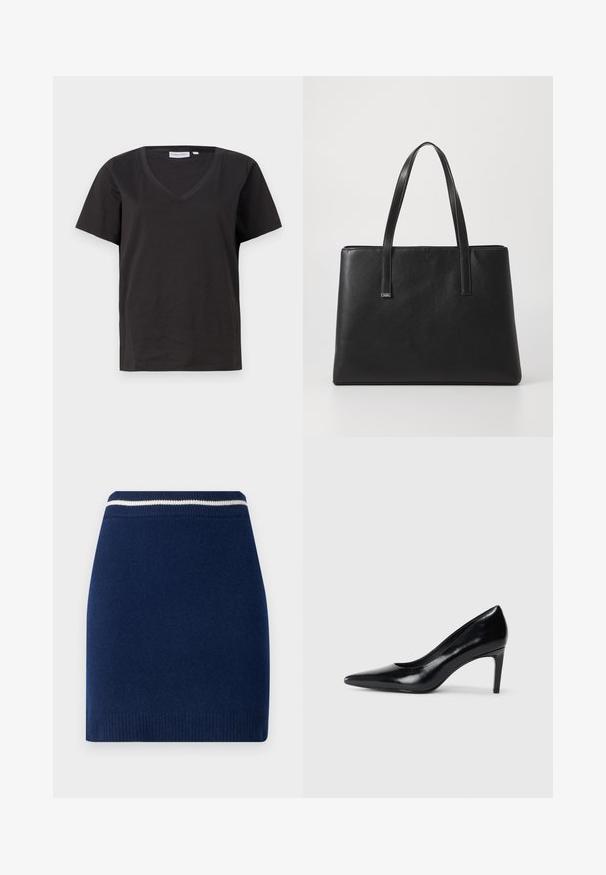 Schwarzes Baumwoll-T-Shirt mit V-Ausschnitt und kurzen Ärmeln. Einfaches Design mit normalem Schnitt und ohne Muster oder Akzente.; Marineblaue Strickrock mit figurnaher Passform, ausgestattet mit einem gerippten Bund und einem kontrastierenden weißen Streifen. Glatte Textur, knielang.; Schwarzer Lederhochschuh mit spitzem Zehenbereich, glatter Textur und schmalem Absatz. Minimalistisches Design, keine zusätzlichen Verzierungen.; Schwarze Leder-Handtasche mit zwei langen Tragegriffen, rechteckiger Form, strukturiertem Oberflächen und minimalistischem Design. Keine sichtbaren Beschläge oder Akzente.