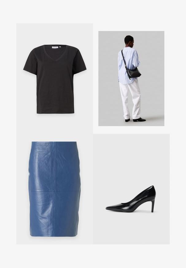 Melnas kokvilnas T-krekls ar V veida kakla izgriezumu un īsām piedurknēm. Vienkāršs dizains ar regulāru piegriezumu un bez rakstiem vai akcentiem.; 2nd Day JAYAN - Ādas svārki - ensign blue; Melnas ādas augstpapēžu kurpes ar norādītu purngali, gludu tekstūru un šauru papēdi. Minimālistisks dizains, bez papildu rotājumiem.; Melna ādas plecu soma ar mīkstu tekstūru, trīsstūra formu un regulējamu siksnu, apvienota ar gaiši zilu svītrotu krekli un baltām biksēm.