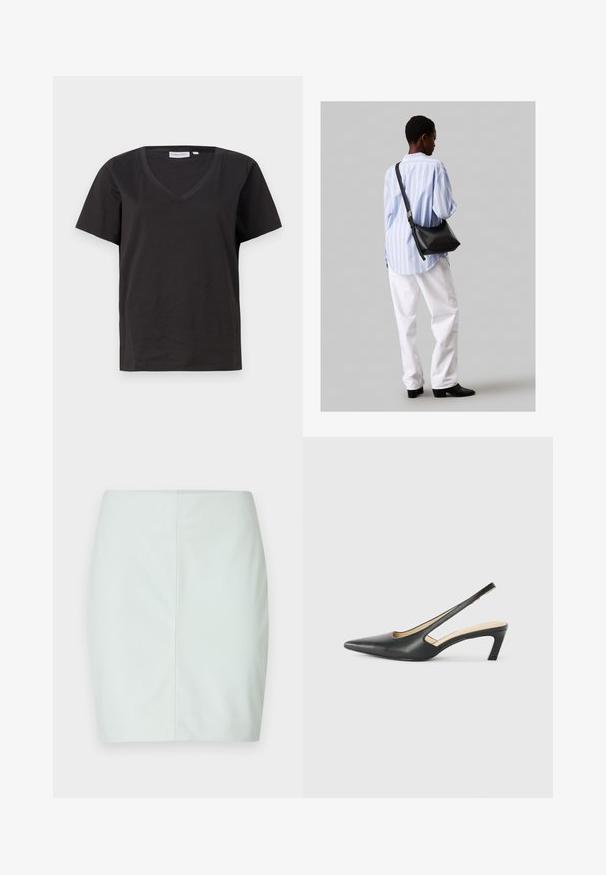 Fekete pamut póló V-nyakkal és rövid ujjakkal. Egyszerű dizájn, normál fazon, minta vagy díszítés nélkül.; Fényes zöld, sima anyagból készült, testhezálló mini szoknya, amely egyenes vonalakkal rendelkezik, látható hardver vagy díszítés nélkül.; Fekete, hegyes orrú, slingback cipő alacsony sarkával, sima bőrből készült, oldalt kivágott deisgnal a légáteresztőképesség érdekében.; Fekete bőr válltáska puha tapintással, háromszög alakú, állítható pánttal, világoskék csíkos inggel és fehér nadrággal párosítva.