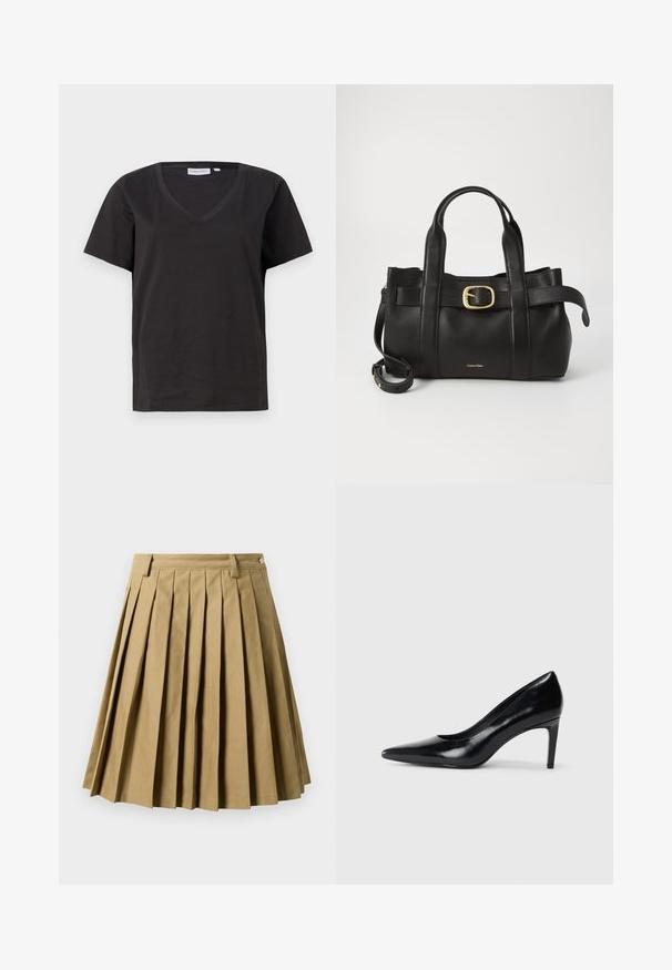 Svart bomull T-shirt med V-urringning och korta ärmar. Enkelt design med en vanlig passform och inga mönster eller accenter.; Kaki veckad kjol i bomullsblandning, med en figursydd midja med bälteshällor och en utsvängd silhuett som slutar ovanför knäet.; Svart läder högklackad sko med spetsig tå, slät yta och avsmalnande klack. Minimalistisk design, inga ytterligare utsmyckningar.; Svart läderhandväska med en strukturerad design, dubbla topphandtag, detaljer i guldton med spänne och präglad logotyp framtill.