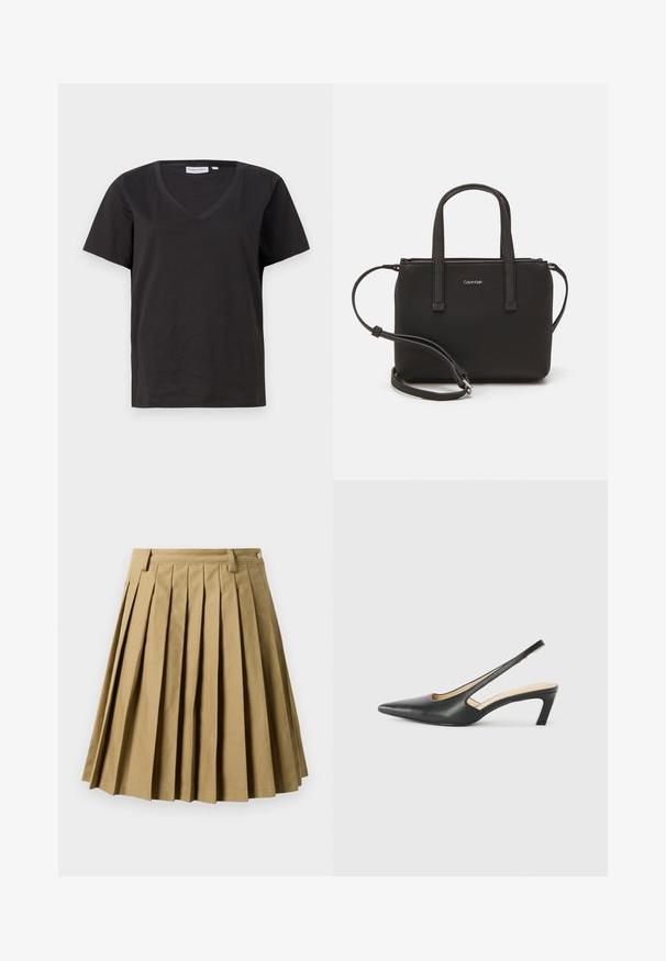 Schwarzes Baumwoll-T-Shirt mit V-Ausschnitt und kurzen Ärmeln. Einfaches Design mit normalem Schnitt und ohne Muster oder Akzente.; Khakifarbenen, plissierten Rock aus Baumwollmix, mit einem taillierten Bund und Gürtelschlaufen sowie einer ausgestellt Silhouette, die oberhalb des Knies endet.; Schwarzer spitz zulaufender Slingback-Schuh mit niedrigem Absatz, der aus glattem Leder gefertigt ist und seitliche Ausschnitte für Atmungsaktivität aufweist.; Schwarze Handtasche mit zwei kurzen, doppelt geflochtenen Griffen und einem abnehmbaren Schulterriemen. Glattes, lederähnliches Material mit einem Reißverschluss und Logodetail.