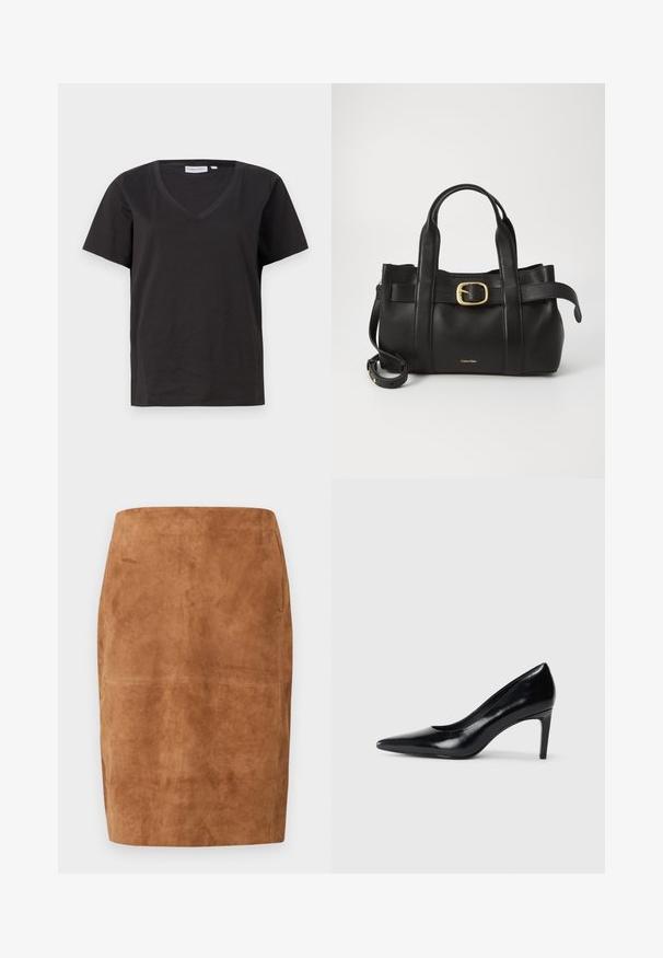 Czarna bawełniana koszulka z dekoltem w serek i krótkimi rękawami. Prosty design o regularnym kroju bez wzorów ani dodatków.; Brązowa zamszowa spódnica ołówkowa z wysokim stanem i długości do kolan, z subtelnymi detalami szwów.; Czarna skórzana szpilka z ostrym noskiem, gładką fakturą i zwężającym się obcasem. Minimalistyczny design, bez dodatkowych zdobień.; Czarna skórzana torebka o zorganizowanej konstrukcji, z podwójnymi uchwytami u góry, akcentem w postaci złotego zapięcia oraz wytłoczonym logo marki z przodu.