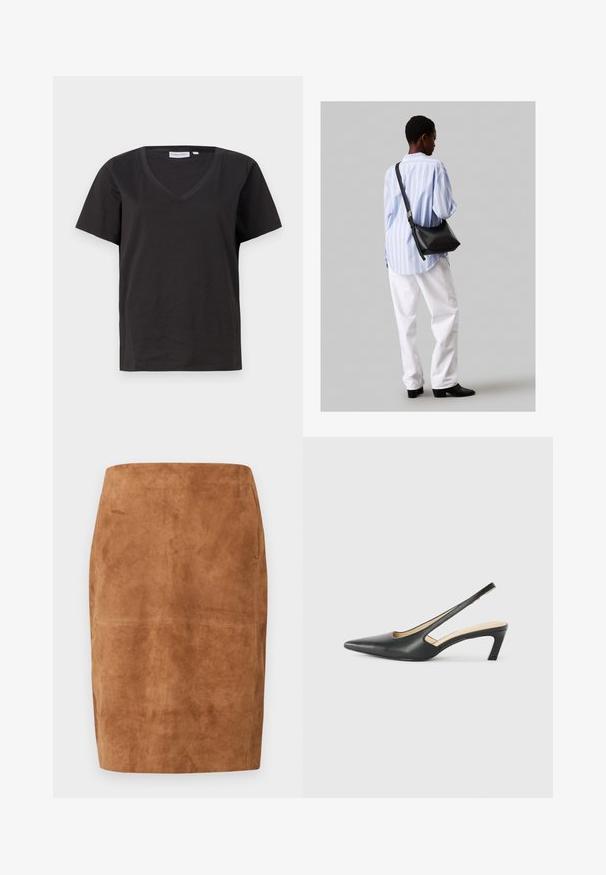 T-shirt in cotone nero con scollo a V e maniche corte. Design semplice con vestibilità regolare, senza motivi o dettagli.; Gonna a tubo in suede marrone con vita alta e orlo al ginocchio, caratterizzata da dettagli delle cuciture sottili.; Scarpa slingback nera con punta affilata e tacco basso, realizzata in pelle liscia e con un design a taglio laterale per favorire la traspirabilità.; Borsa a tracolla in pelle nera con una texture morbida, forma triangolare e tracolla regolabile, abbinata a una camicia a righe blu chiaro e pantaloni bianchi.