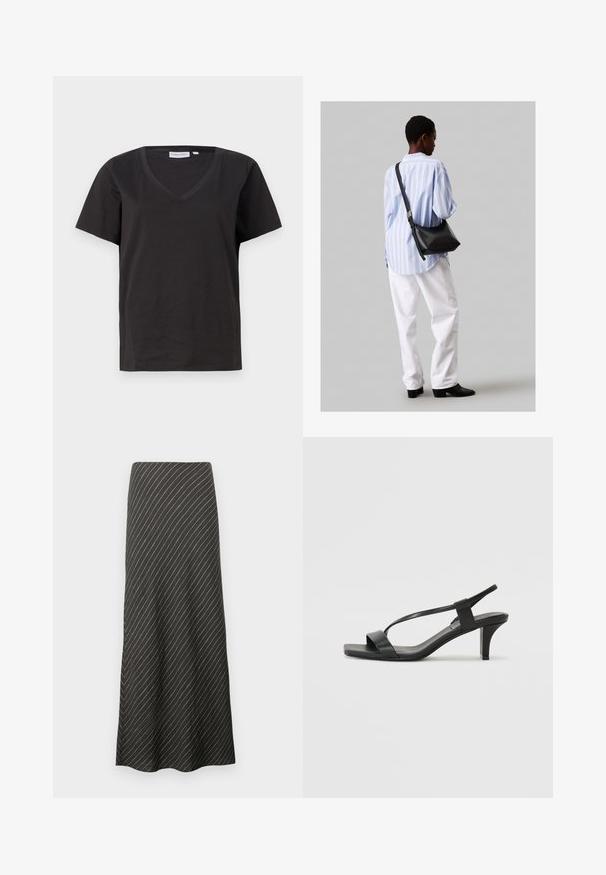 Čierne bavlnené tričko s výstrihom do V a krátkymi rukávmi. Jednoduchý dizajn s bežným strihom a bez vzorov alebo akcentov.; Čierna midi sukňa s diagonálnymi bielymi pruhmi, vyrobená z hladkého materiálu. Má rozšírený strih a siluetu vo forme písmena A.; Čierne sandále na podpätku so štíhlym dizajnom popruhov, štvorcovou špičkou a stredne vysokým blokovým podpätkom. Vyrobené z hladkej kože s matným povrchom.; Čierna kožená ramenná taška so mäkkou textúrou, trojuholníkovým tvarom a nastaviteľným popruhom, skombinovaná s svetlomodrou pruhovanou košeľou a bielymi nohavicami.