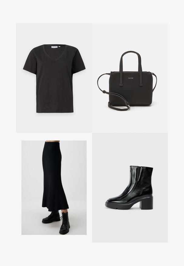 Zwarte katoenen T-shirt met een V-hals en korte mouwen. Eenvoudig ontwerp met een regular fit en zonder patronen of accenten.; Zwarte gebreide midi-rok met een uitlopende zoom en geribbeld textuur, gecombineerd met zwarte veterschoenen met een militair ontwerp. Strakke silhouet, geen zichtbare patronen.; Zwarte gepatenteerde leren enkellaarsjes met een gebogen neus, elastische zijpanelen en een chunky blokhak. Voorzien van een reliëflogo aan de achterkant.; Zwarte handtas met dubbele korte handvatten en een afneembare schouderriem. Glad, leerachtig materiaal met een ritssluiting en logo-detail.