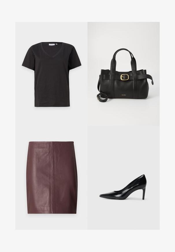 Czarna bawełniana koszulka z dekoltem w serek i krótkimi rękawami. Prosty design o regularnym kroju bez wzorów ani dodatków.; Ciemnobrązowa skórzana spódnica ołówkowa z prostym, gładkim przodem i subtelnymi pionowymi przeszyciami wzdłuż środka.; Czarna skórzana szpilka z ostrym noskiem, gładką fakturą i zwężającym się obcasem. Minimalistyczny design, bez dodatkowych zdobień.; Czarna skórzana torebka o zorganizowanej konstrukcji, z podwójnymi uchwytami u góry, akcentem w postaci złotego zapięcia oraz wytłoczonym logo marki z przodu.