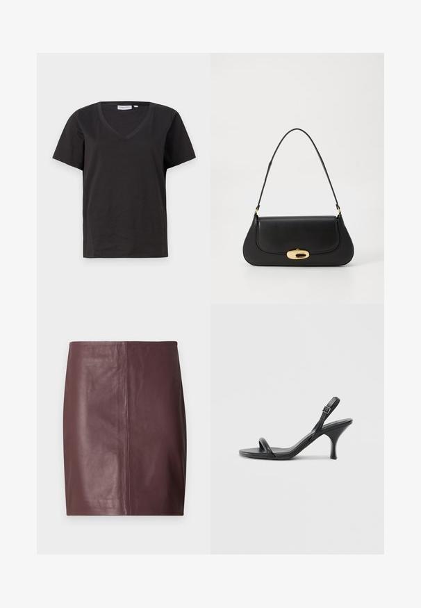 Sort bomulds T-shirt med V-hals og korte ærmer. Enkel design med regular fit og ingen mønstre eller accenter.; Mørkebrun læder blyantnederdel med en lige, glat front og subtile lodrette sømdetaljer ned langs midten.; Sorte læder højhælede sandaler med en slank, buet hæl og et krydset stropdesign. Justerbar ankelrem. Glat tekstur.; Sort læderhåndtaske med et buet design, guldfarvet hardware og en øverste håndtag. Har en strømlinet lukning og en glat tekstur.
