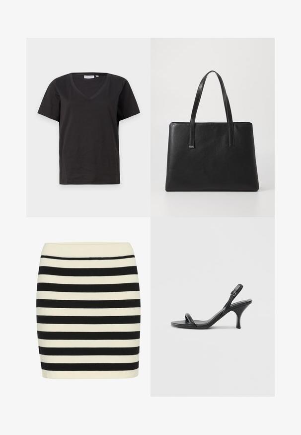 T-shirt de algodão preto com decote em V e mangas curtas. Design simples com um corte regular e sem padrões ou detalhes.; Saia de malha às riscas preta e creme, com forma ajustada e um cós canelado. As riscas horizontais alternam em largura para uma textura visual.; Sandálias de salto alto em couro preto com um salto curvado e fino e um design de tiras cruzadas. Correia ajustável no tornozelo. Textura suave.; Mala tote de couro preto com duas alças longas, forma retangular, superfície texturizada e design minimalista. Sem hardware ou acentos visíveis.
