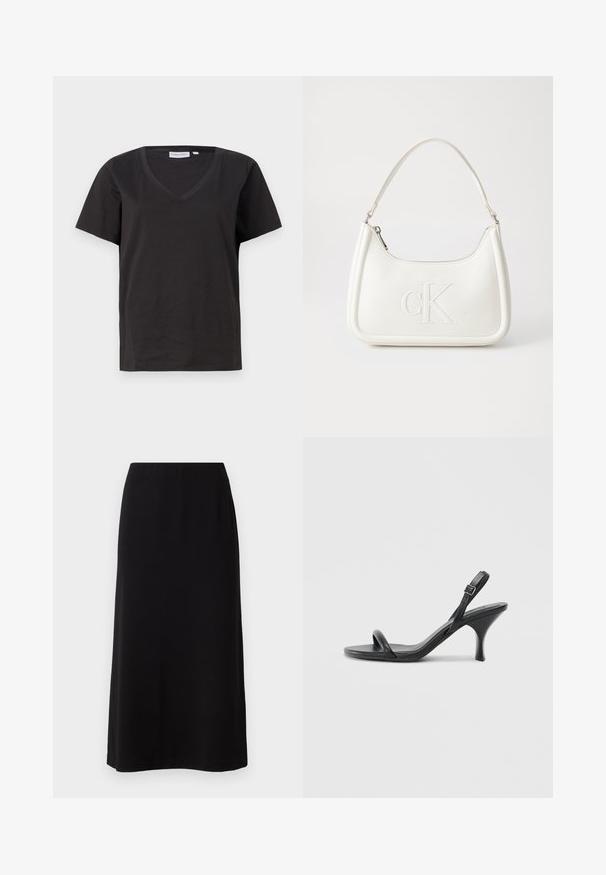 T-shirt en coton noir avec un col en V et des manches courtes. Design simple avec une coupe régulière et sans motifs ni accents.; Jupe maxi noire avec une texture lisse et douce et une taille élastique. Coupe simple et droite sans motifs ni embellissements visibles.; Sandales à talons hauts en cuir noir avec un talon fin et courbé et un design de brides croisées. Bride de cheville réglable. Texture lisse.; Sac à main en cuir blanc avec une forme courbée, arborant un logo "CK" embossé à l'avant et une seule bandoulière. Fermeture à glissière en haut.