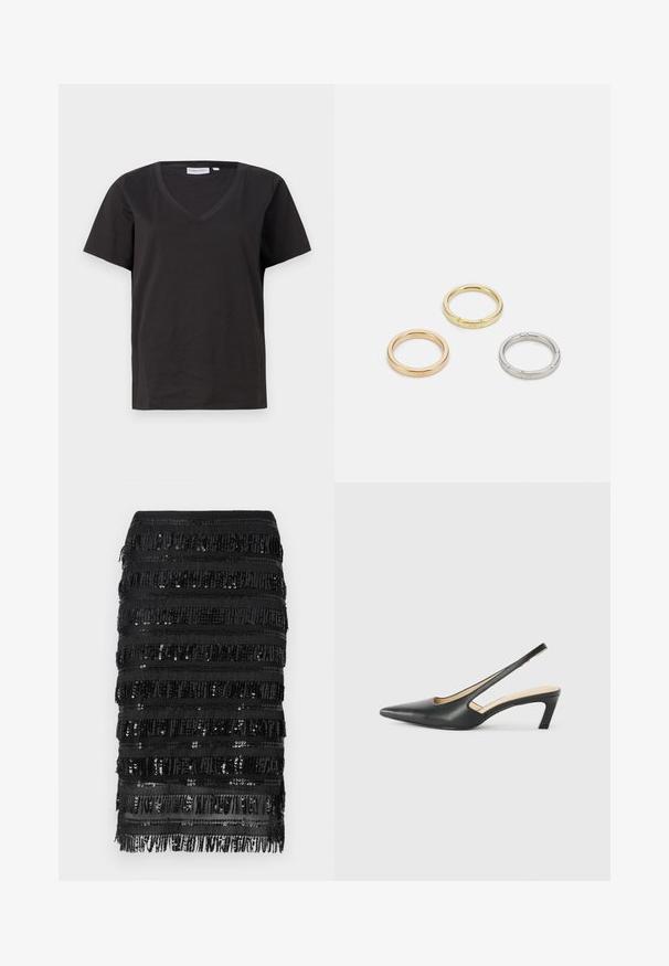 Čierne bavlnené tričko s výstrihom do V a krátkymi rukávmi. Jednoduchý dizajn s bežným strihom a bez vzorov alebo akcentov.; Čierna mini sukňa s franžou a flitrami, so zloženými horizontálnymi vrstvami látky a trblietavými akcentmi pre textúru a detail.; Čierne slingback topánky s ostrou špičkou a nízkym opätkom, vyrobené z hladkej kože a s výrezmi na boku pre lepšiu priedušnosť.; Triumf kovových prsteňov: jeden v ružovom zlate, jeden zlatý s textúrovanými akcentmi a jeden strieborný, všetky s gravírovaným logom na vnútornej strane.