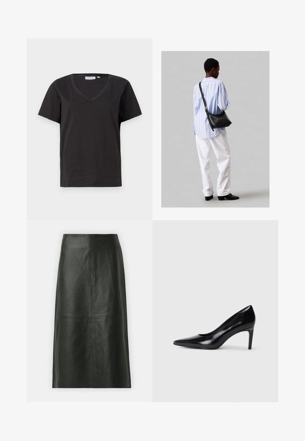 Fekete pamut póló V-nyakkal és rövid ujjakkal. Egyszerű dizájn, normál fazon, minta vagy díszítés nélkül.; Fekete bőr midi szoknya egyenes szabással. Simaszerkezet, minimális varrások és illeszkedő derékpánt. Nincsenek látható zsebek vagy egyéb részletek.; Fekete bőr magassarkú cipő, hegyes orral, sima textúrával és kúpos sarkal. Minimalista dizájn, nincsenek további díszítések.; Fekete bőr válltáska puha tapintással, háromszög alakú, állítható pánttal, világoskék csíkos inggel és fehér nadrággal párosítva.