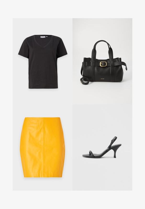 Crni pamučni T-shirt s V-izrezom i kratkim rukavima. Jednostavan dizajn s regularnom krojem i bez uzoraka ili akcenta.; Žuta kožna mini suknja s glatkom teksturom i uskim dizajnom. Ima središnji šav i čist, elegantan siluetu.; Crne kožne sandale na visoku petu s tankom, zakrivljenom petom i dizajnom prekriženih traka. Podesiva traka oko gležnja. Glatka tekstura.; Crna kožna torba s strukturiranim dizajnom, dvostrukim gornjim ručkama, zlatnim kopčom kao naglaskom i utisnutim logotipom marke sprijeda.