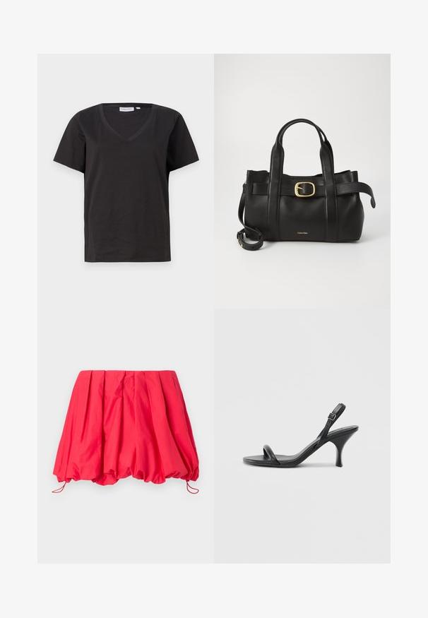 T-shirt in cotone nero con scollo a V e maniche corte. Design semplice con vestibilità regolare, senza motivi o dettagli.; Mini gonna plissettata rossa realizzata in tessuto leggero; presenta un orlo elastico con cordoncini per una vestibilità regolabile. Texture liscia.; Sandali con tacco alto in pelle nera, con tacco sottile e curvo e design a fascia incrociata. Cinghia alla caviglia regolabile. Texture liscia.; Borsa a mano in pelle nera con un design strutturato, doppie maniglie superiori, accentuazione in metallo dorato e logo del marchio in rilievo sul davanti.