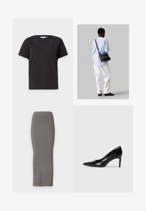 Fekete pamut póló V-nyakkal és rövid ujjakkal. Egyszerű dizájn, normál fazon, minta vagy díszítés nélkül.; Szürke bordás kötött ceruzaszoknya magas derékkal, sima textúrával, térdhez érő fazonban és testhezálló szilhuettal.; Fekete bőr magassarkú cipő, hegyes orral, sima textúrával és kúpos sarkal. Minimalista dizájn, nincsenek további díszítések.; Fekete bőr válltáska puha tapintással, háromszög alakú, állítható pánttal, világoskék csíkos inggel és fehér nadrággal párosítva.