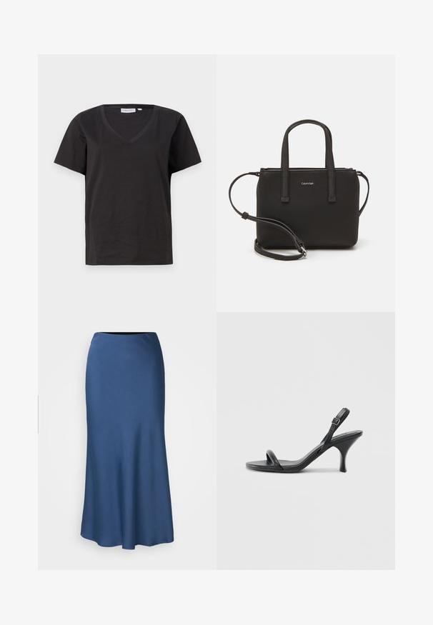Černé bavlněné tričko s výstřihem do V a krátkým rukávem. Jednoduchý design s klasickým střihem bez vzorů nebo akcentů.; DRYKORN URA - Áčková sukně - blue-grey; Černé kožené sandály na vysokém podpatku s úzkým, zakřiveným podpatkem a designem s překříženými popruhy. Nastavitelný pásek kolem kotníku. Hladký povrch.; Černá kabelka s dvojitými krátkými uchy a odnímatelným ramenním popruhem. Hladký koženkový materiál s uzávěrem na zip a detailem loga.