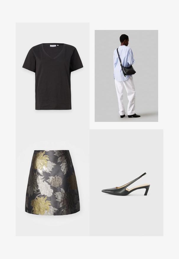 Musta puuvillainen T-paita, jossa on V-kaula-aukko ja lyhyet hihat. Yksinkertainen muotoilu, säännöllinen istuvuus ilman kuvioita tai koristeita.; Hame floral broderad i mörkgrått, med silver- och guldblommönster, slät textur och en figurnära design med en utställd nederkant.; Musta, kärjeltään terävä slingback-kengä, jossa on matala korko. Kengässä on sileä nahkamateriaali ja sivuilla leikkaukset hengittävyyttä varten.; Musta nahkainen olkalaukku, jossa on pehmeä rakenne, kolmion muoto ja säädettävä hihna, yhdistettynä vaaleansiniseen raidalliseen paitaan ja valkoisiin housuihin.