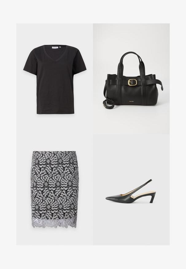 Črna bombažna majica s kratkimi rokavi in V-izrezom. Preprost dizajn z običajnim krojem in brez vzorcev ali dodatkov.; Črna čipkasta krila s srebrnim cvetličnim vzorcem, valovit rob in zapleteno kvačkanje. Prilagojen dizajn z gladkim podložnim materialom.; Črne čevlje s koničastimi nosovi in slingback obliko z nizko peto, izdelane iz gladke usnjene materiale ter s črtasto zasnovo na strani za prezračevanje.; Črna usnjena torba s strukturirano zasnovo, dvojni zgornji ročaji, zlato-tonirni zaponka kot dodatek in vtisnjeni logotip blagovne znamke spredaj.