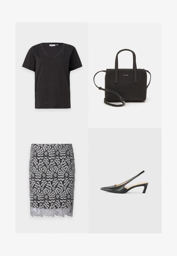 Černé bavlněné tričko s výstřihem do V a krátkým rukávem. Jednoduchý design s klasickým střihem bez vzorů nebo akcentů.; Černá krajková sukně se stříbrným květinovým vzorem, vlnkovým lemem a složitou háčkovanou texturou. Přiléhavý design s hladkým podšívkovým materiálem.; Černý špičatý slingback s nízkým podpatkem, vyrobený z hladké kůže, s výřezem na boku pro lepší prodyšnost.; Černá kabelka s dvojitými krátkými uchy a odnímatelným ramenním popruhem. Hladký koženkový materiál s uzávěrem na zip a detailem loga.