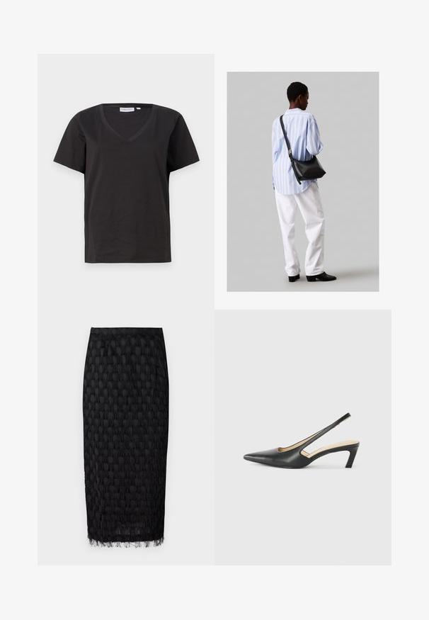 Čierne bavlnené tričko s výstrihom do V a krátkymi rukávmi. Jednoduchý dizajn s bežným strihom a bez vzorov alebo akcentov.; Čierna midi sukňa s textúrovaným vzorom a strapcami na leme. Vyrobená z ľahkého materiálu, má priliehavý strih.; Čierne slingback topánky s ostrou špičkou a nízkym opätkom, vyrobené z hladkej kože a s výrezmi na boku pre lepšiu priedušnosť.; Čierna kožená ramenná taška so mäkkou textúrou, trojuholníkovým tvarom a nastaviteľným popruhom, skombinovaná s svetlomodrou pruhovanou košeľou a bielymi nohavicami.