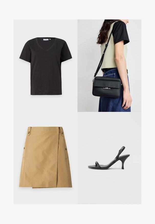 Black cotton T-shirt with a V-neck and short sleeves. Simple design with a regular fit and no patterns or accents.; Tan skirt made of a smooth fabric with a front overlay, featuring two side pockets and two buttons on the waistband.; Black leather high-heeled sandals with a slim, curved heel and a crossed strap design. Adjustable ankle strap. Smooth texture.; Calvin Klein LINEAR CAMERA BAG - Cross body bag - black