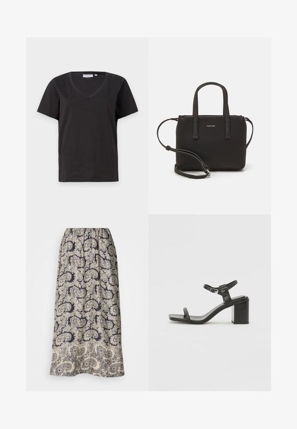 Juodas medvilninis marškinėlis su V formos iškirpte ir trumpomis rankovėmis. Paprastas dizainas, reguliaraus kirpimo, be raštų ar akcentų.; Plati, elastinga juosmens sijonas, pasižymintis tamsiai mėlyna baze su sudėtingais smėlio spalvos paisley raštais ir gėlių akcentais. Minkšta medžiaga su lygia tekstūra.; Juodas odinis blokinis kulnas sandalas su plačia juostele per pirštus ir reguliuojama kulkšnies juostele, pasižymintis elegantišku, minimalistiniu dizainu.; Juoda rankinė su dviem trumpais rankenėlėmis ir nuimamu petį. Lygaus odos tipo medžiaga su užtrauktuku ir logotipo detale.