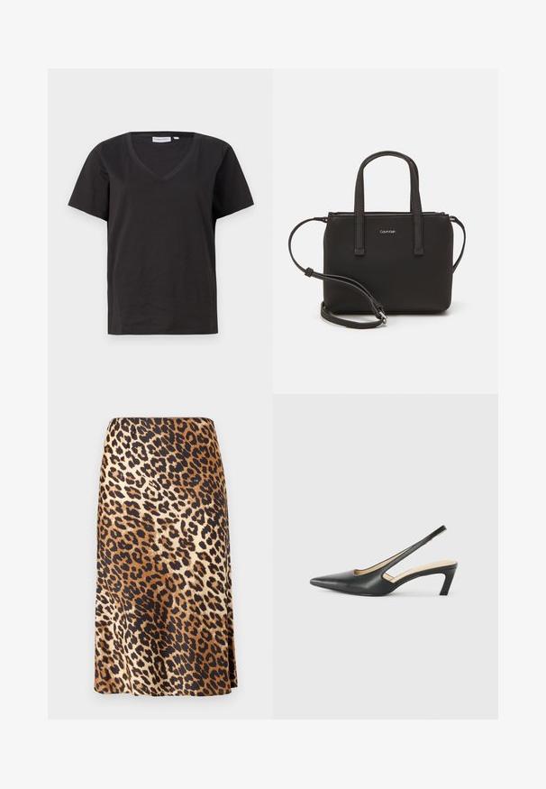 Musta puuvillainen T-paita, jossa on V-kaula-aukko ja lyhyet hihat. Yksinkertainen muotoilu, säännöllinen istuvuus ilman kuvioita tai koristeita.; Hame leopardi kuviolla, sileässä samettimaisessa kankaassa; sisältää sekoituksen ruskeita, mustia ja kermaisia värejä A-linjaisessa siluetissa.; Musta, kärjeltään terävä slingback-kengä, jossa on matala korko. Kengässä on sileä nahkamateriaali ja sivuilla leikkaukset hengittävyyttä varten.; Musta käsilaukku, jossa on kaksinkertaiset lyhyet kahvat ja irrotettava olkahihna. Silkkinen nahkatunneinen materiaali, jossa on vetoketjukiinnitys ja logoyksityiskohta.