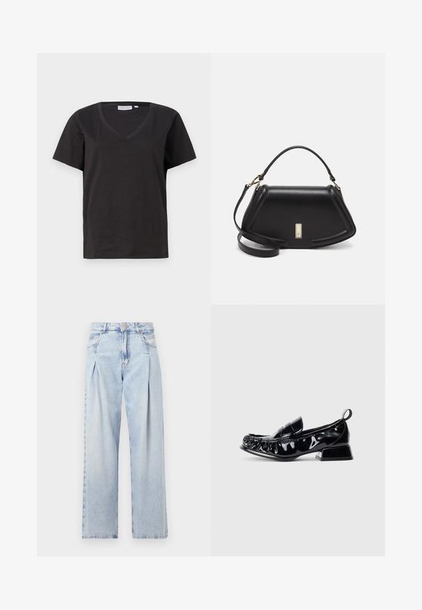 Melnas kokvilnas T-krekls ar V veida kakla izgriezumu un īsām piedurknēm. Vienkāršs dizains ar regulāru piegriezumu un bez rakstiem vai akcentiem.; Gaiši zilas džinsu bikses ar augstu jostasvietu, plats kāju griezumu, divām sānu kabatām un krokotā dizaina akcentiem. Mīksta tekstūra ar izdilušu apdari.; Melnas lakotās ādas loafer kurpes ar kvadrātu purngali, savalkātām detaļām, zemu bloku papēdi un cilpu aizmugurē uz balta fona.; Melnas ādas roku soma ar struktūru, ar īsu formu, augšējo rokturi un zelta aksesuāriem. Iekļauta regulējama plecu siksna.