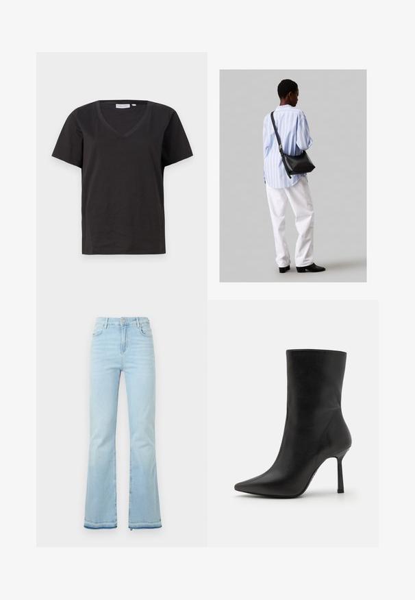 Černé bavlněné tričko s výstřihem do V a krátkým rukávem. Jednoduchý design s klasickým střihem bez vzorů nebo akcentů.; Světle modré rozšířené džíny vyrobené z denimové látky, s vysokým pasem, předními kapsami a surovým lemem na manžetách pro uvolněný vzhled.; Černá kožená kotníková bota s špičatou špičkou, štíhlým stiletto podpatkem a hladkou texturou, s minimalistickým designem a bez ozdob.; Černá kožená kabelka přes rameno s jemnou texturou, trojúhelníkovým tvarem a nastavitelným popruhem, v kombinaci se světle modrou pruhovanou košilí a bílými kalhotami.