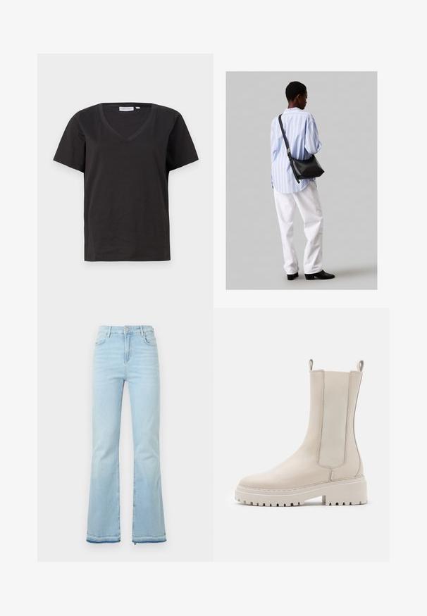 Czarna bawełniana koszulka z dekoltem w serek i krótkimi rękawami. Prosty design o regularnym kroju bez wzorów ani dodatków.; Jasnoniebieskie dżinsy w stylu dzwonów, wykonane z denimu, z wysokim stanem, przednimi kieszeniami i surowym wykończeniem u mankietów, idealne na co dzień.; Beżowe botki za kostkę wykonane ze skóry, z elastycznymi panelami po bokach, masywną białą podeszwą i uchwytami z tyłu ułatwiającymi zakładanie.; Czarna skórzana torba na ramię o miękkiej fakturze, w kształcie trójkąta, z regulowanym paskiem, połączona z jasnoniebieską koszulą w paski i białymi spodniami.