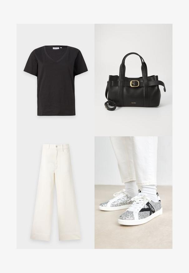 Schwarzes Baumwoll-T-Shirt mit V-Ausschnitt und kurzen Ärmeln. Einfaches Design mit normalem Schnitt und ohne Muster oder Akzente.; Weite Hosen aus hellem beigen Baumwollstoff. Mit hoher Taille, vorderen Taschen und geradem Schnitt. Saubere Saumverarbeitung ohne Muster.; Glitzernde silberne Sneakers mit einem weißen und schwarzen Design. Verfügt über weiße Schnürsenkel und Akzente sowie eine strukturierte, funkelnde Oberfläche.; Schwarze Lederhandtasche mit strukturiertem Design, doppelten oberen Griffen, goldfarbenem Schnallenakzent und geprägtem Markenlogo auf der Vorderseite.