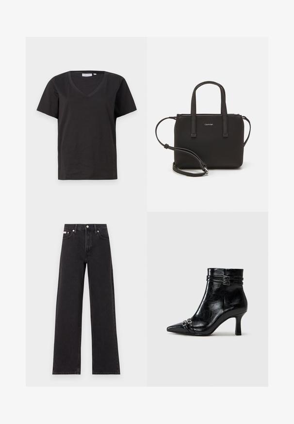 T-shirt en coton noir avec un col en V et des manches courtes. Design simple avec une coupe régulière et sans motifs ni accents.; Jeans noirs à jambes larges en denim, avec une taille haute, une coupe à cinq poches et une fermeture à bouton en métal avec des coutures contrastantes.; Tamaris Bottines compensées - black; Sac à main noir avec deux poignées courtes et une bandoulière amovible. Matière lisse semblable à du cuir avec une fermeture éclair et un détail de logo.